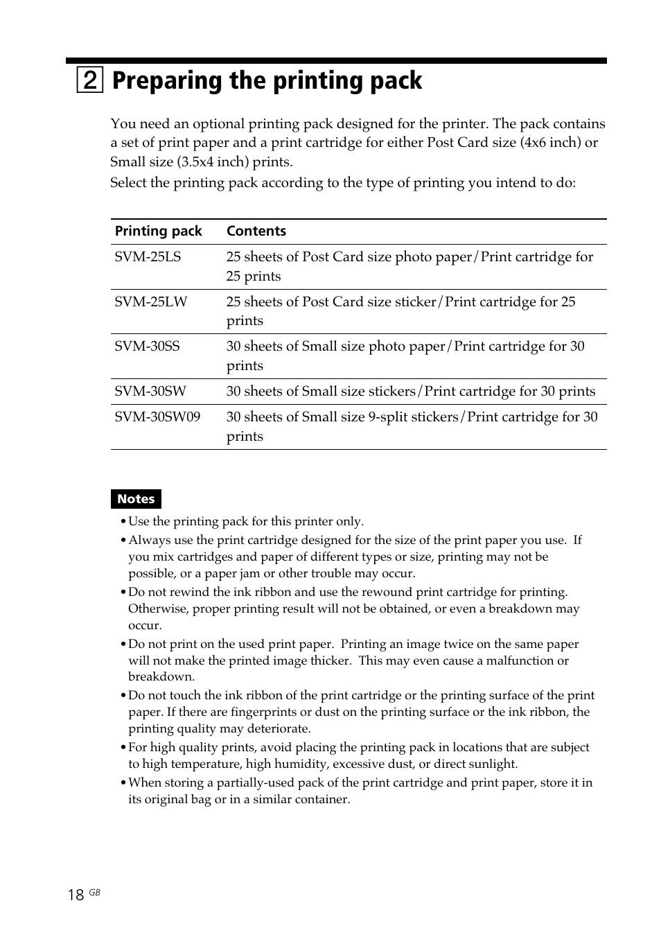 2 preparing the printing pack, Post card size, Print pack | Small size, Preparing the printing pack, 2preparing the printing pack | Sony DPP--SV77 User Manual | Page 18 / 283