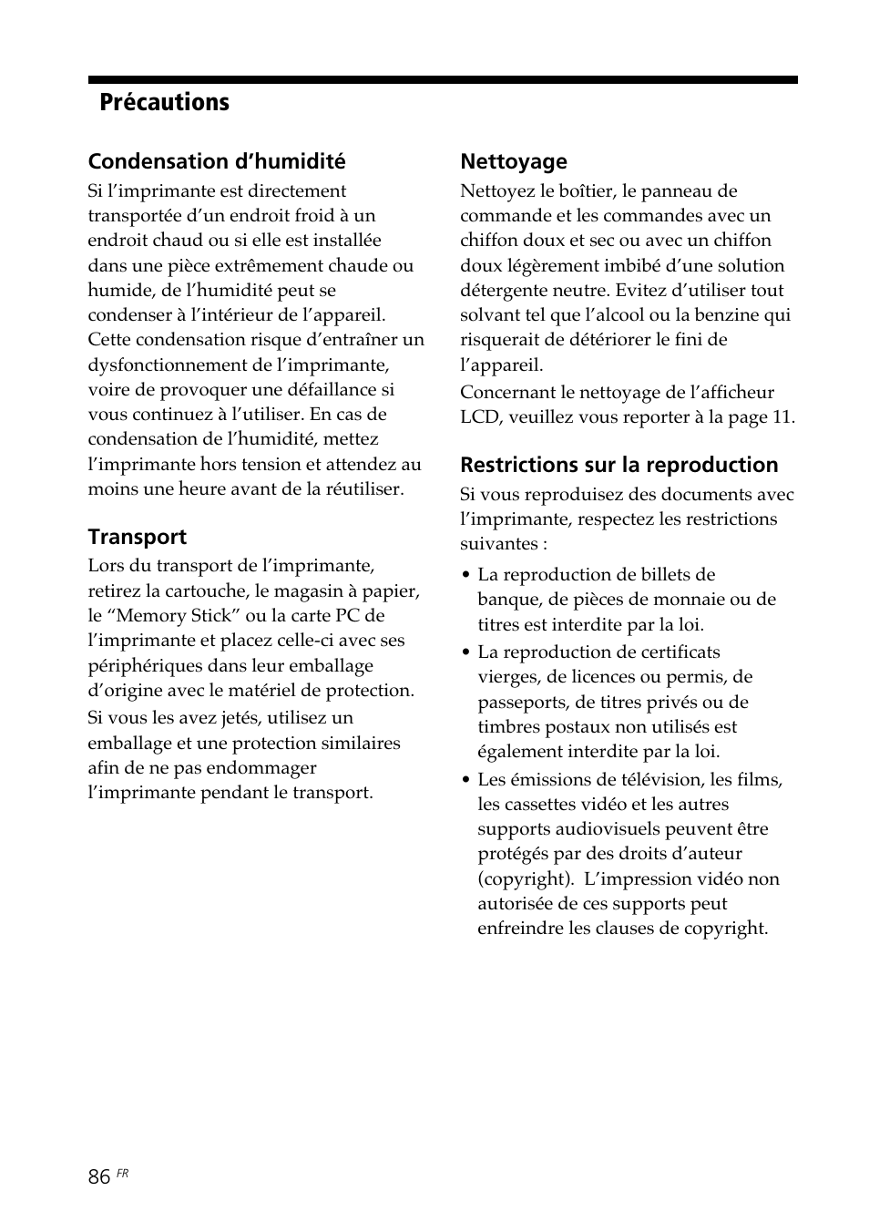 Précautions | Sony DPP--SV77 User Manual | Page 180 / 283
