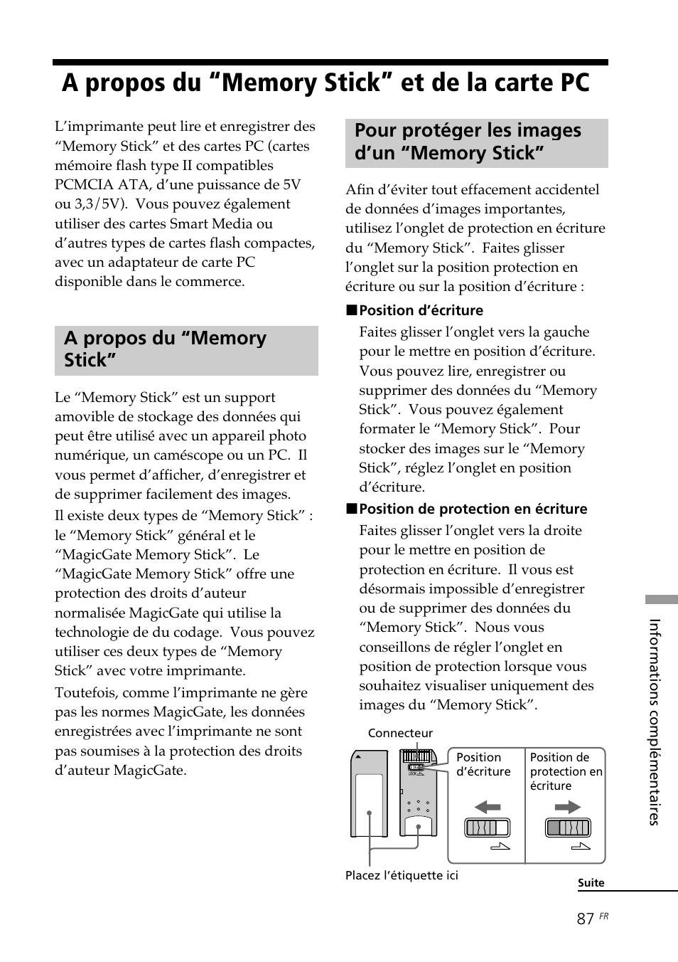 A propos du “memory stick” et de la carte pc, A propos du “memory stick, Pour protéger les images d’un “memory stick | A propos du “memory stick” et de la, Carte pc | Sony DPP--SV77 User Manual | Page 181 / 283
