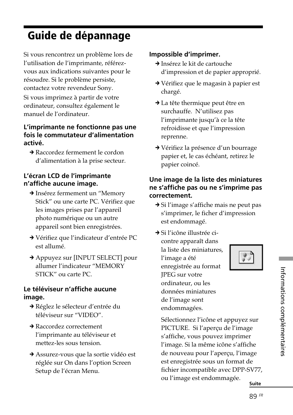 Guide de dépannage | Sony DPP--SV77 User Manual | Page 183 / 283