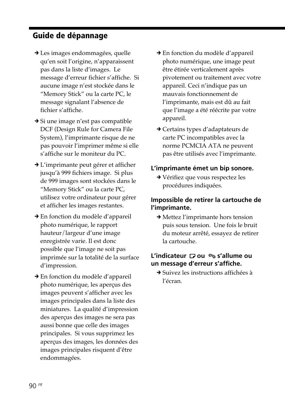 Guide de dépannage | Sony DPP--SV77 User Manual | Page 184 / 283