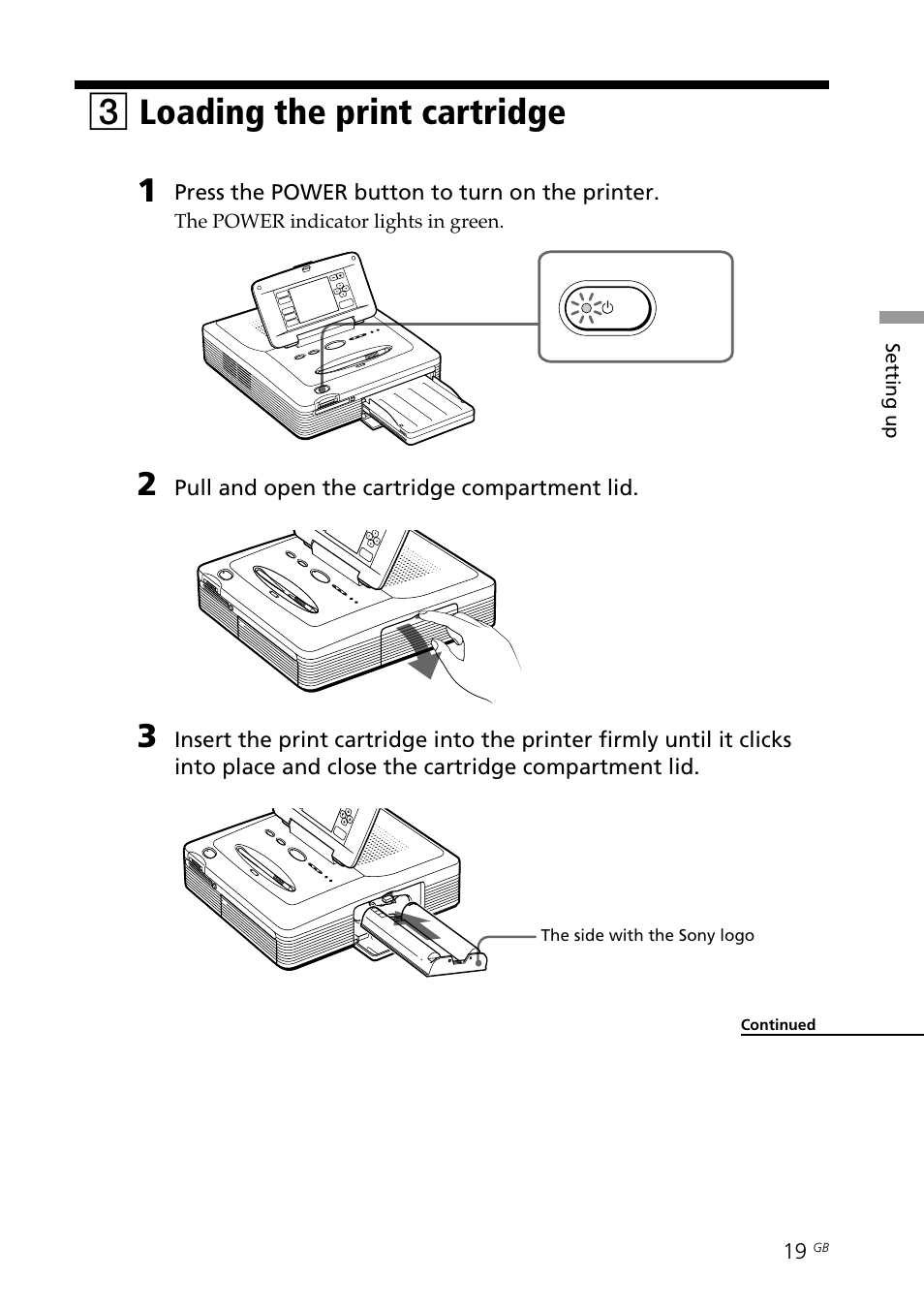 3 loading the print cartridge, Cartridge compartment lid, Power button | Print cartridge, Loading the print cartridge, 3loading the print cartridge | Sony DPP--SV77 User Manual | Page 19 / 283