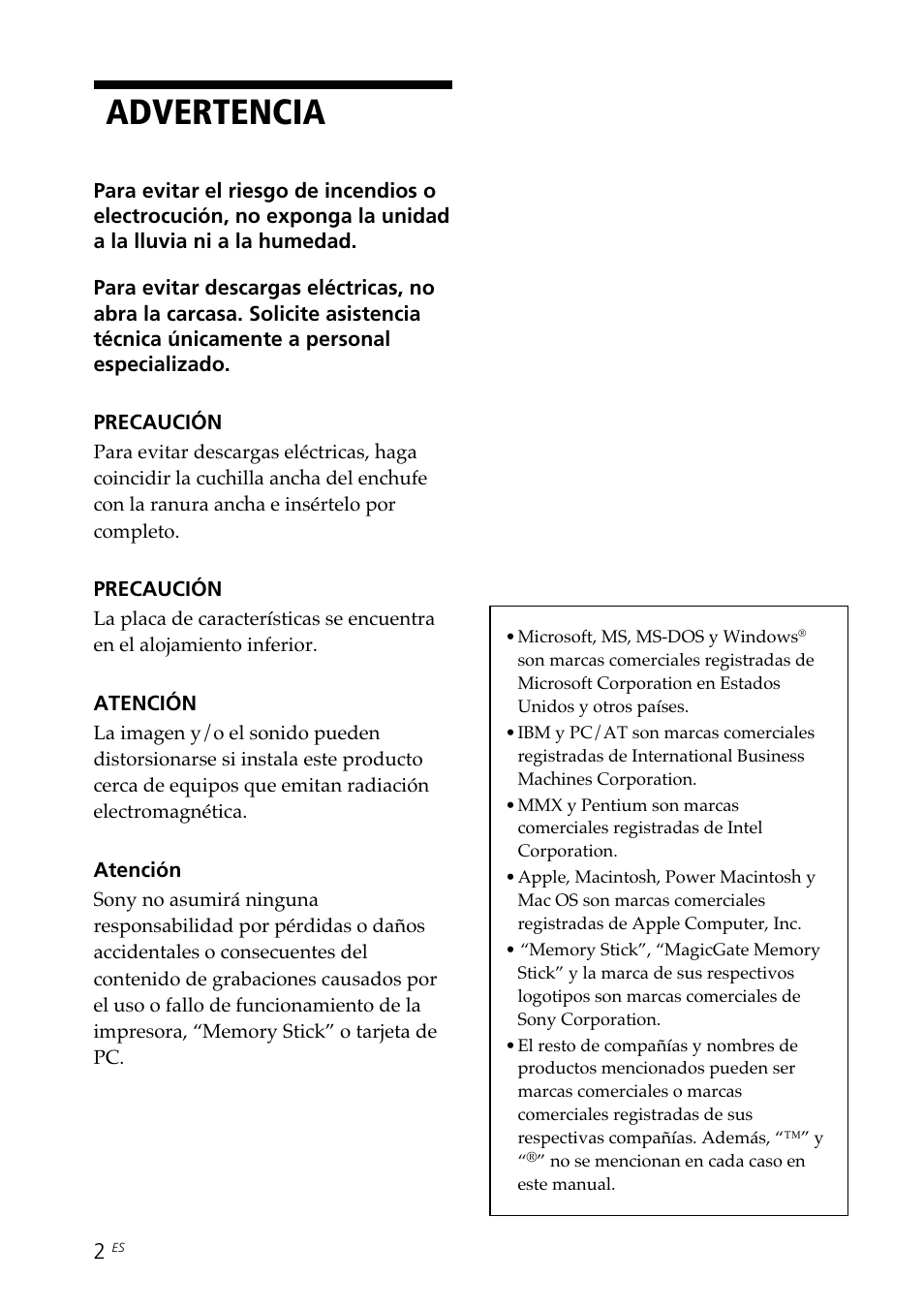 Advertencia | Sony DPP--SV77 User Manual | Page 190 / 283