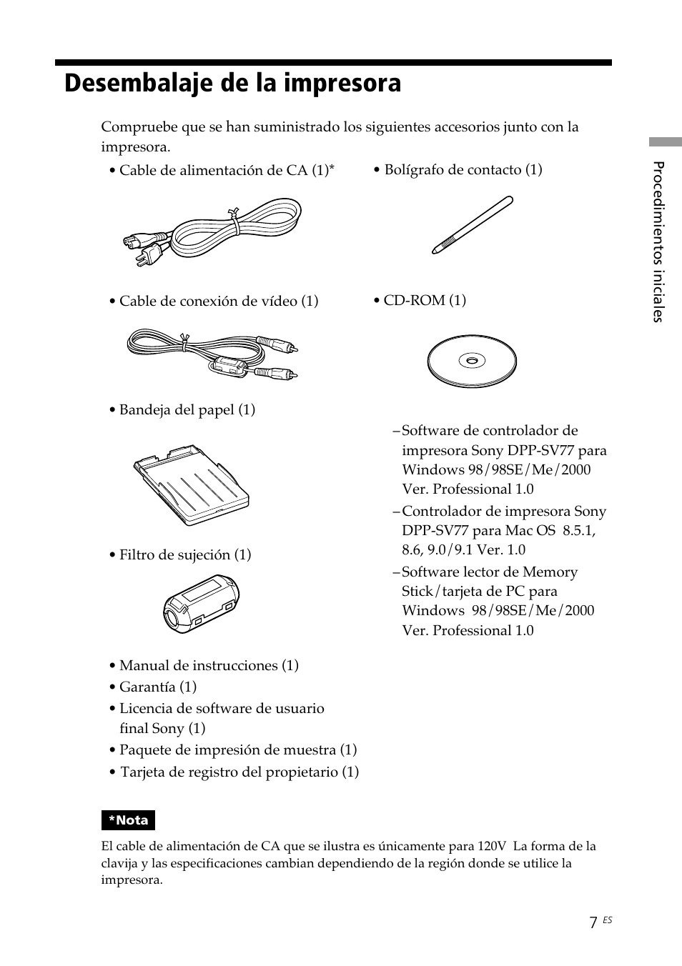Desembalaje de la impresora | Sony DPP--SV77 User Manual | Page 195 / 283