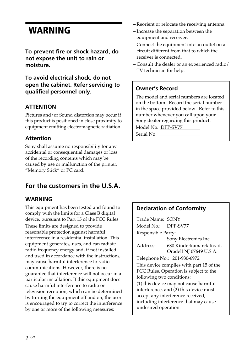 Warning, For the customers in the u.s.a | Sony DPP--SV77 User Manual | Page 2 / 283