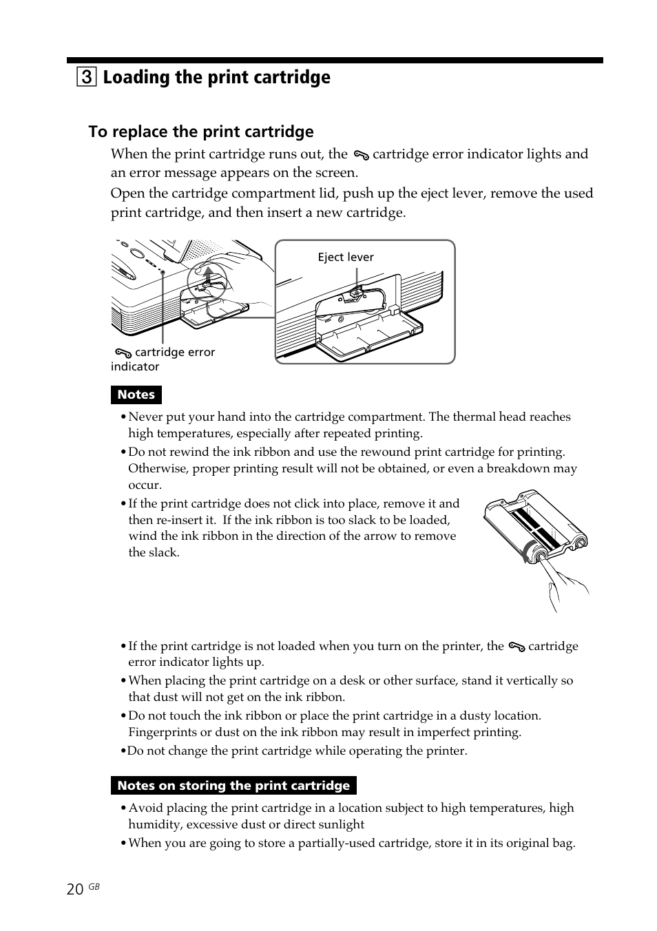 Cartridge error indicator, 3loading the print cartridge | Sony DPP--SV77 User Manual | Page 20 / 283