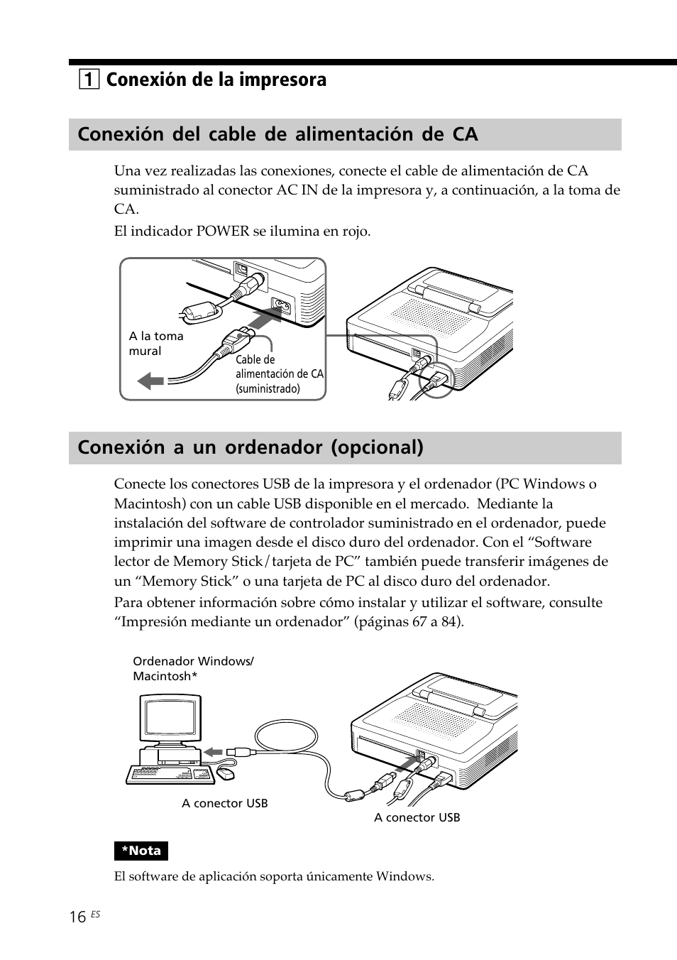 Conexión del cable de alimentación de ca, Conexión a un ordenador (opcional) | Sony DPP--SV77 User Manual | Page 204 / 283