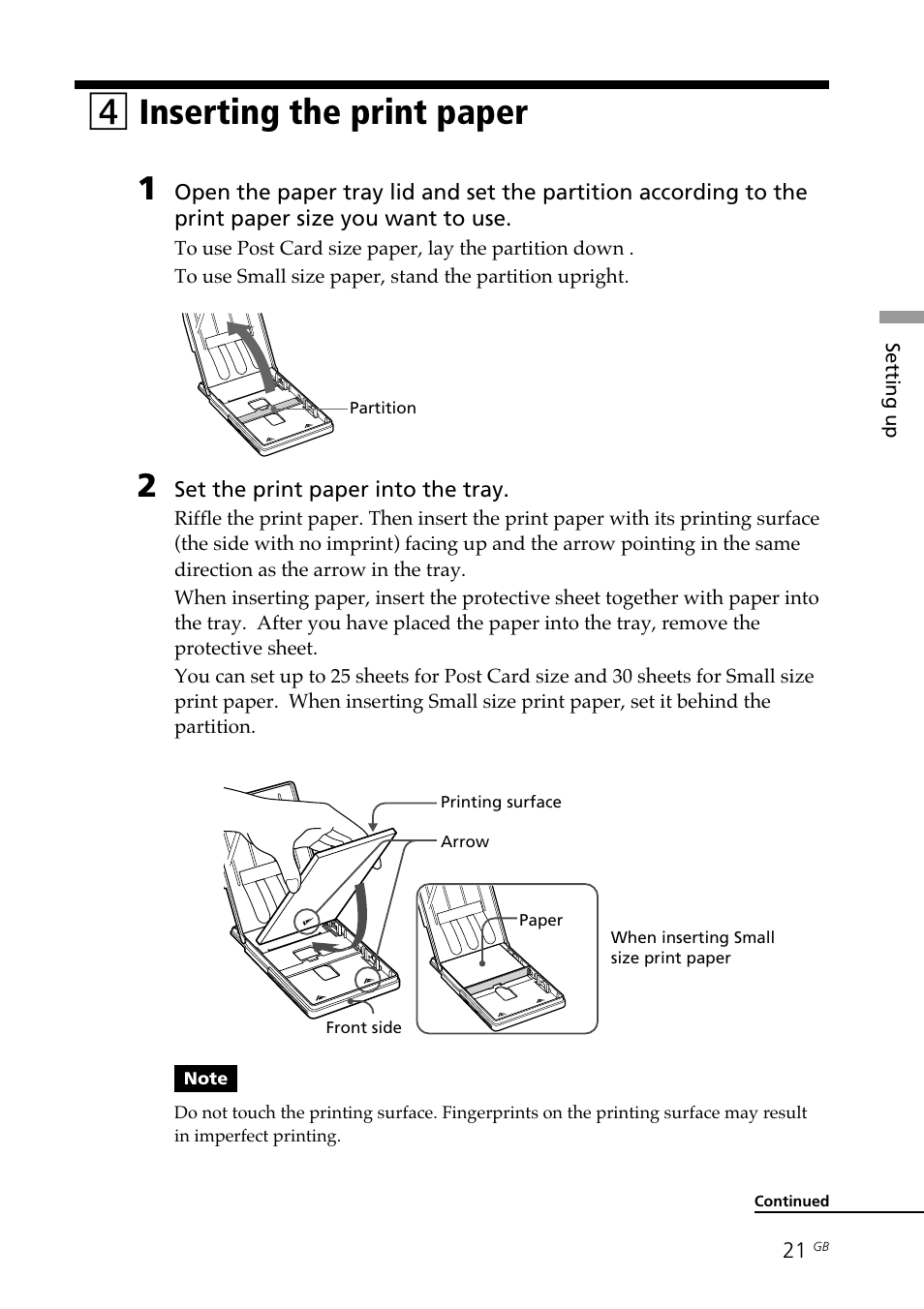 4 inserting the print paper, Print paper, Printing surface | Inserting the print paper, 4inserting the print paper | Sony DPP--SV77 User Manual | Page 21 / 283