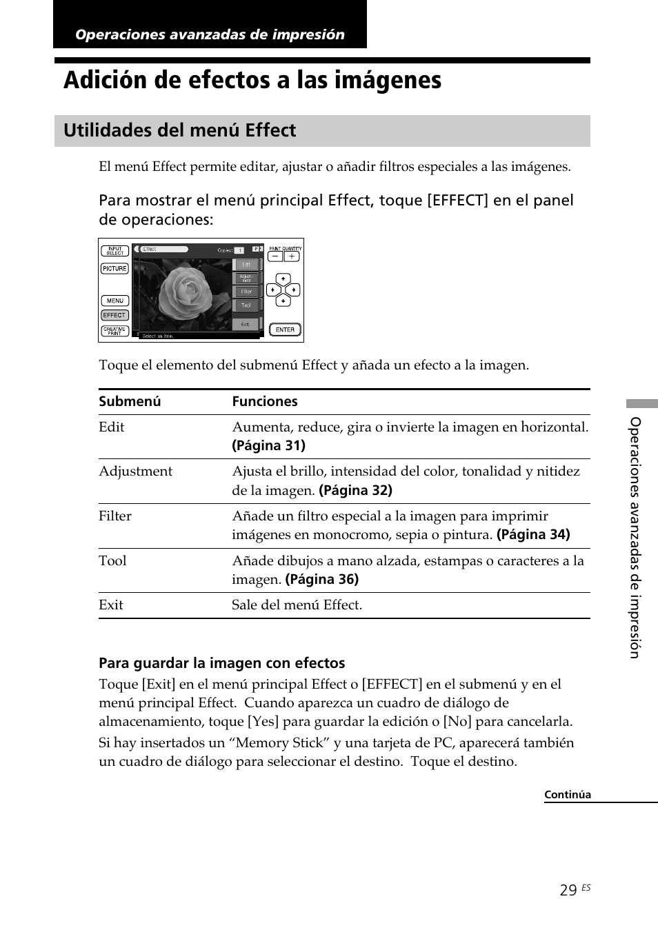Operaciones avanzadas de impresión, Adición de efectos a las imágenes, Utilidades del menú effect | Sony DPP--SV77 User Manual | Page 217 / 283