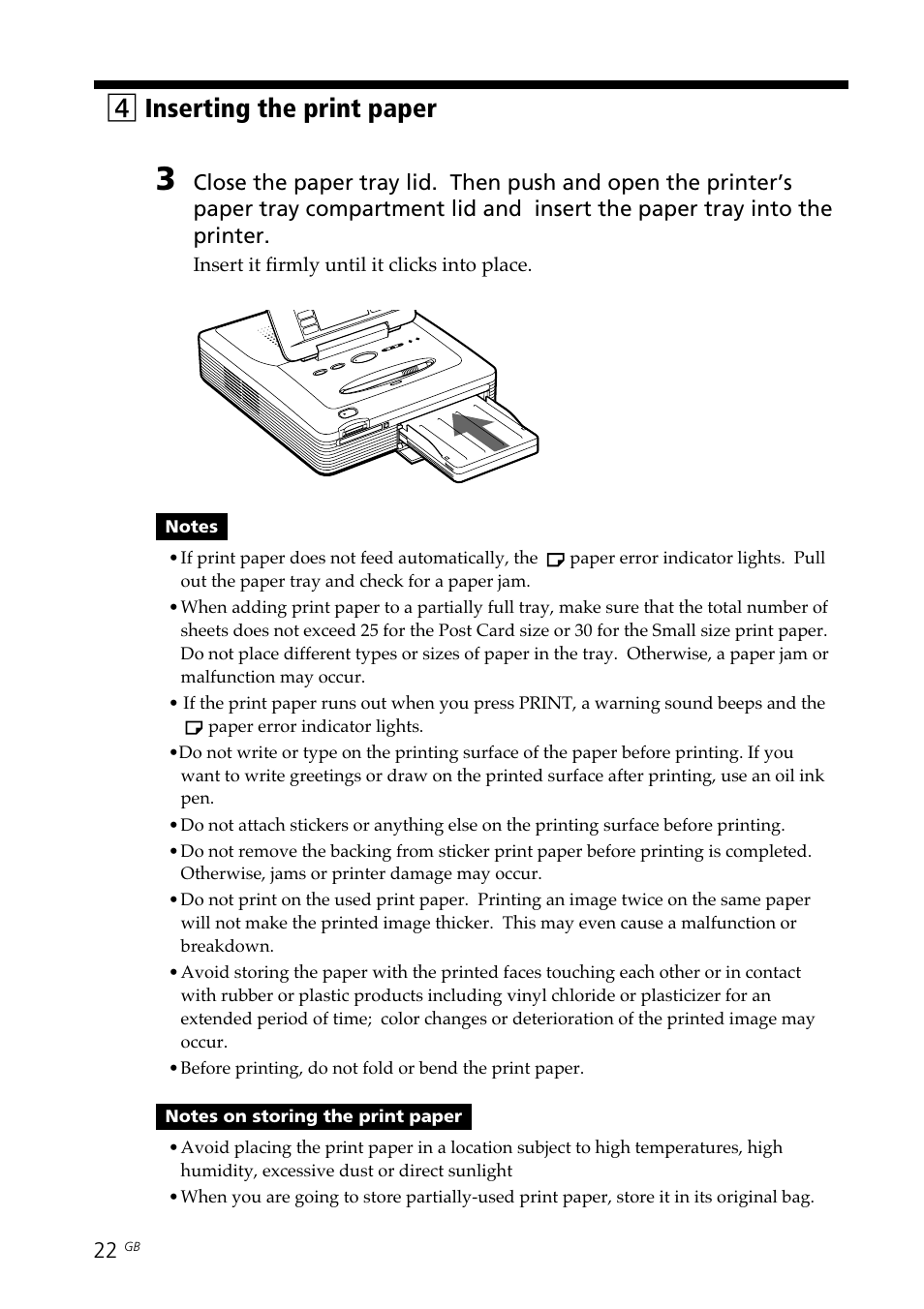 Paper error indicator, 4inserting the print paper | Sony DPP--SV77 User Manual | Page 22 / 283