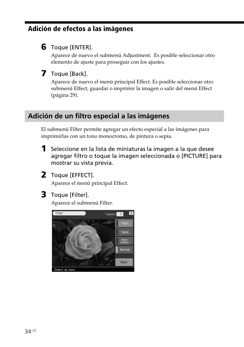 Adición de un filtro especial a las imágenes | Sony DPP--SV77 User Manual | Page 222 / 283