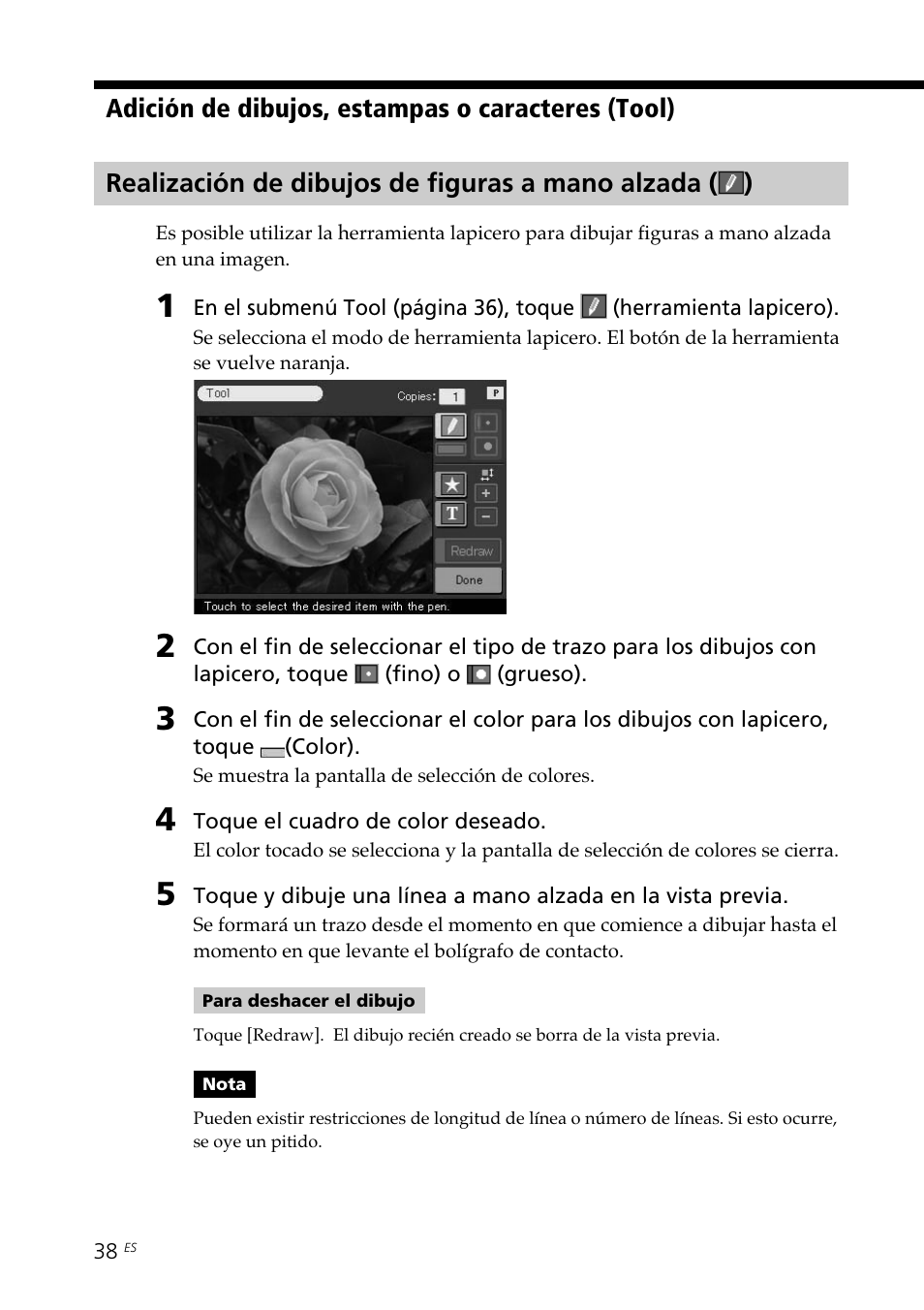 Realización de dibujos de figuras a mano alzada, Adición de dibujos, estampas o caracteres (tool) | Sony DPP--SV77 User Manual | Page 226 / 283