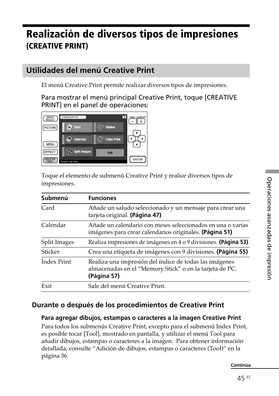Utilidades del menú creative print, Realización de diversos tipos de impresiones, Creative print) utilidades del menú creative print | Sony DPP--SV77 User Manual | Page 233 / 283