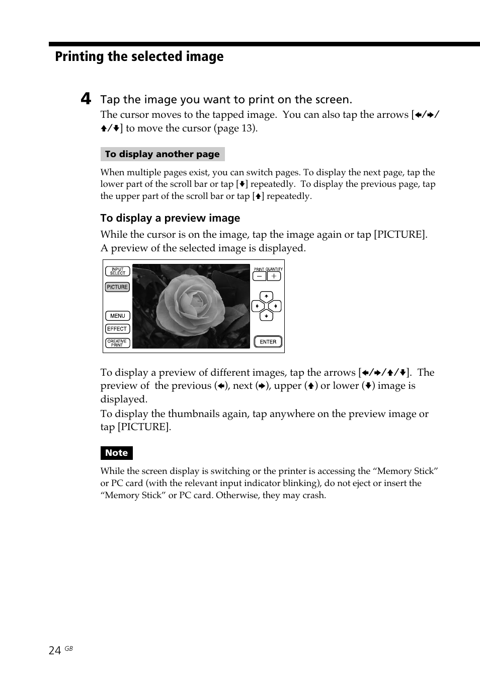 Picture, Preview image, Printing the selected image | Sony DPP--SV77 User Manual | Page 24 / 283