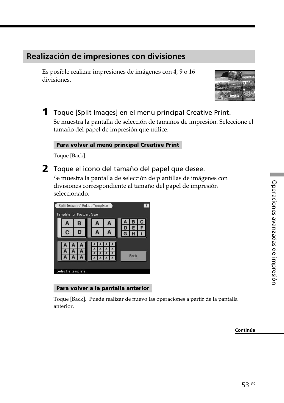 Realización de impresiones con divisiones | Sony DPP--SV77 User Manual | Page 241 / 283