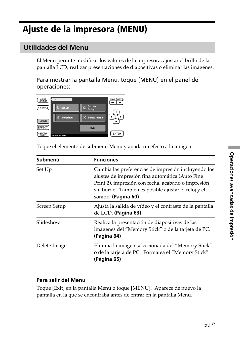 Ajuste de la impresora (menu), Utilidades del menu | Sony DPP--SV77 User Manual | Page 247 / 283