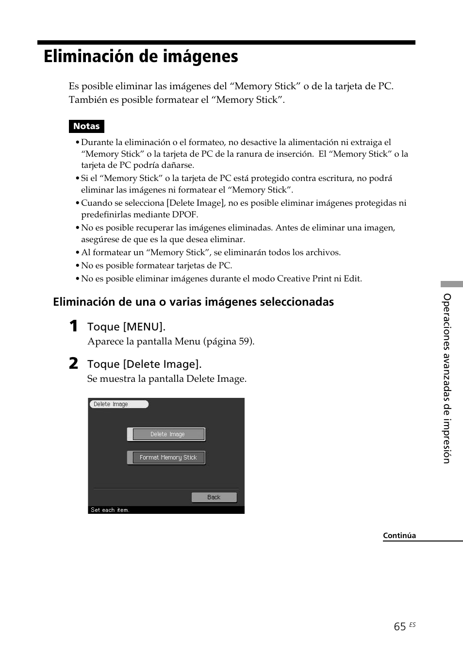 Eliminación de imágenes | Sony DPP--SV77 User Manual | Page 253 / 283