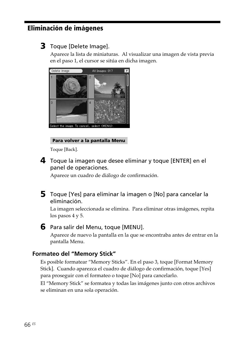 Eliminación de imágenes | Sony DPP--SV77 User Manual | Page 254 / 283