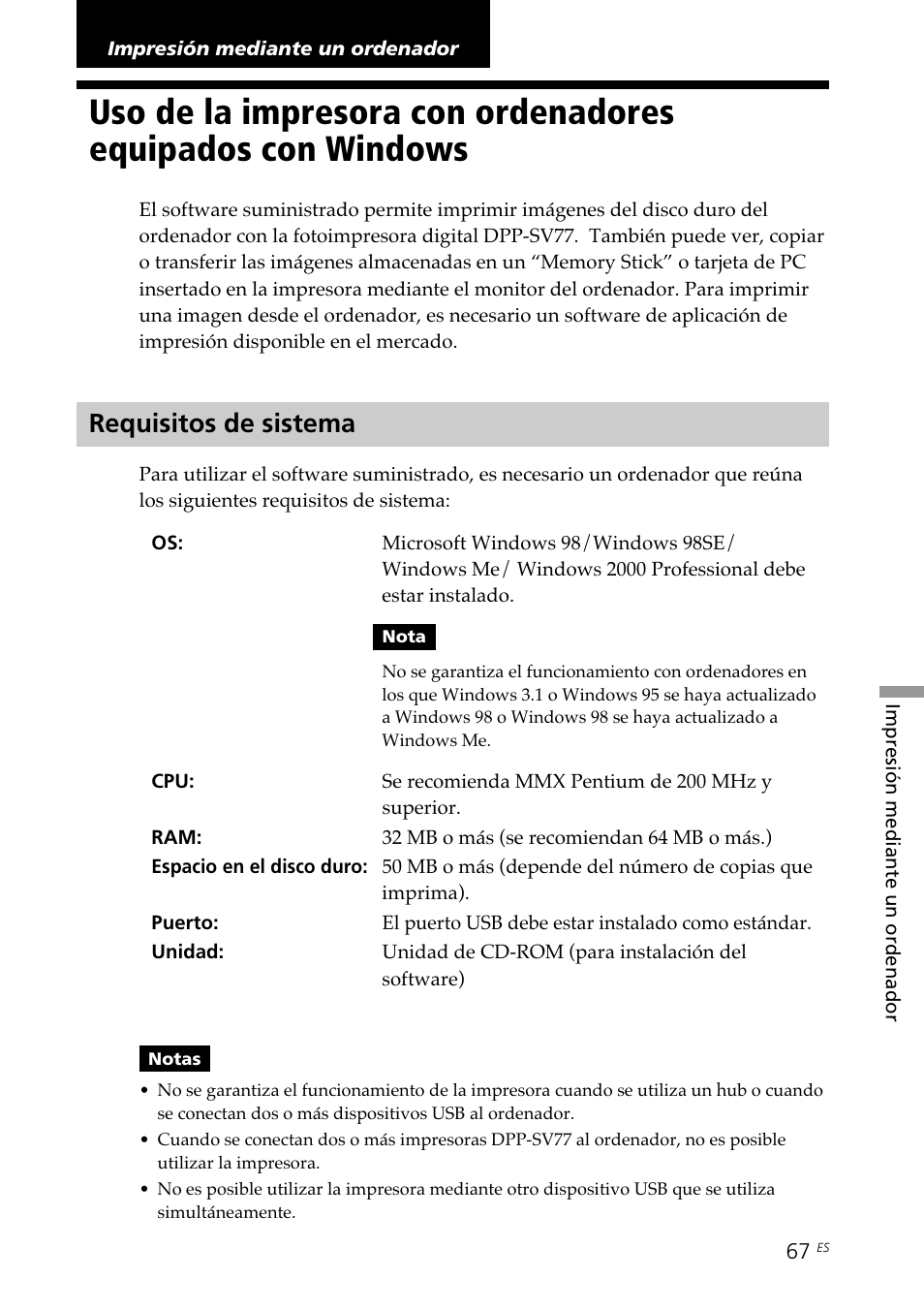 Impresión mediante un ordenador, Requisitos de sistema, Uso de la impresora con ordenadores | Equipados con windows requisitos de sistema | Sony DPP--SV77 User Manual | Page 255 / 283