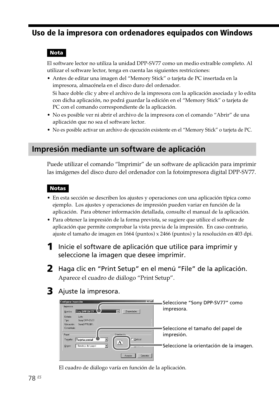 Impresión mediante un software de aplicación | Sony DPP--SV77 User Manual | Page 266 / 283