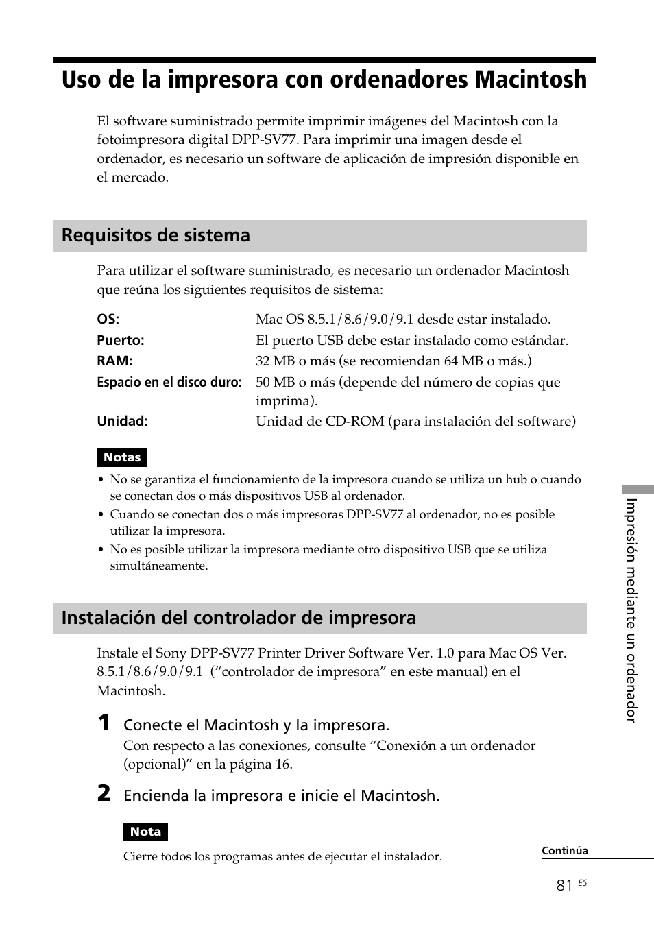 Uso de la impresora con ordenadores macintosh, Requisitos de sistema, Instalación del controlador de impresora | Uso de la impresora con ordenadores | Sony DPP--SV77 User Manual | Page 269 / 283