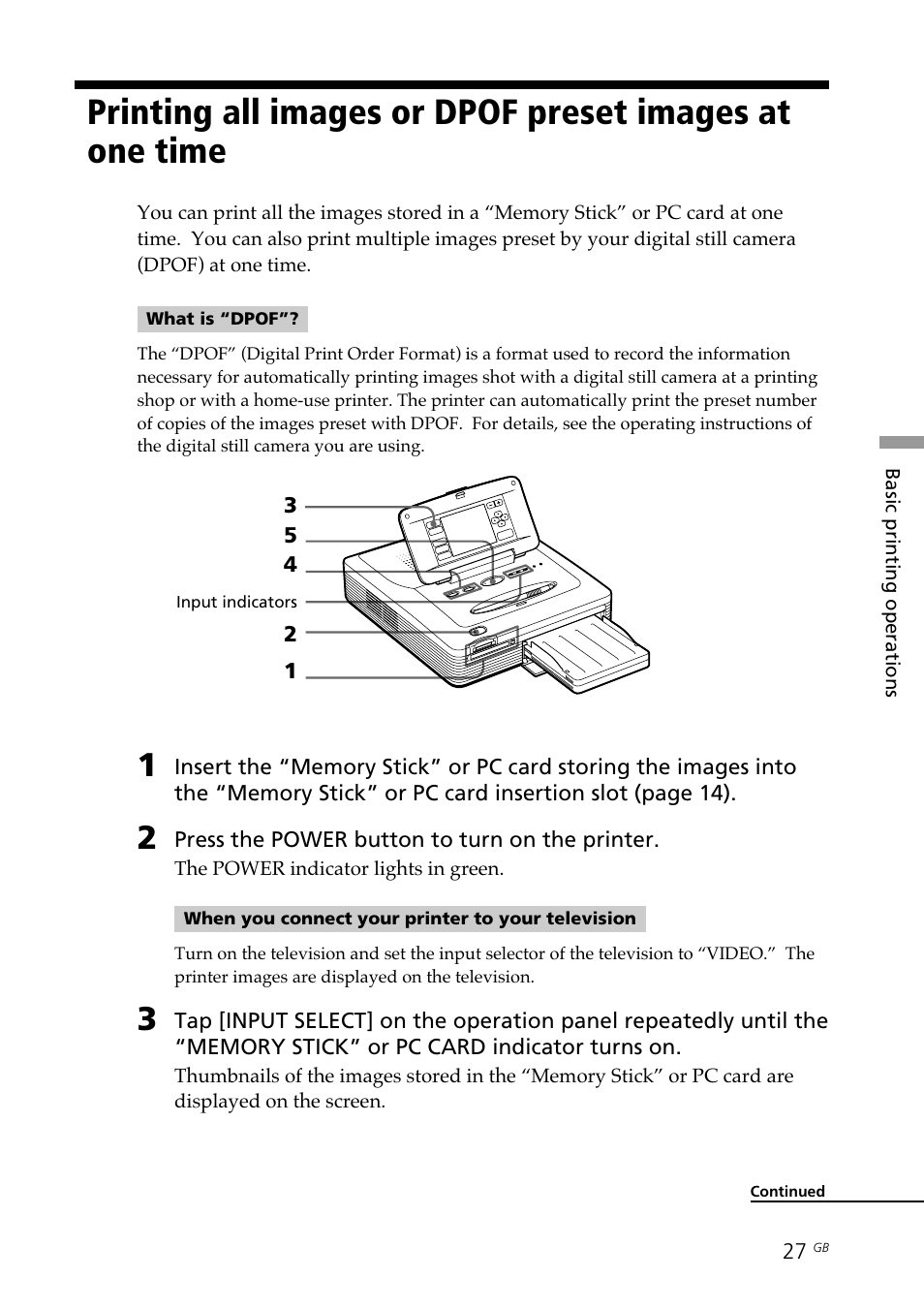 Dpof, All images, Dpof images | Printing all images or dpof preset images at, One time | Sony DPP--SV77 User Manual | Page 27 / 283