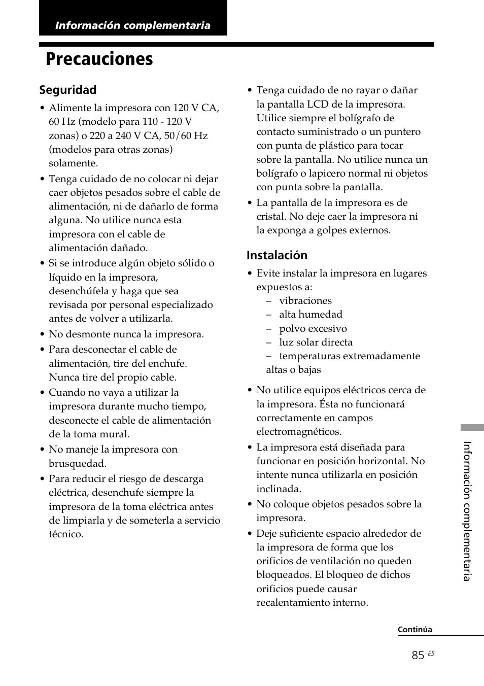 Información complementaria, Precauciones | Sony DPP--SV77 User Manual | Page 273 / 283