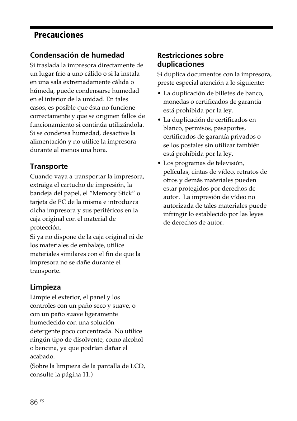 Precauciones | Sony DPP--SV77 User Manual | Page 274 / 283