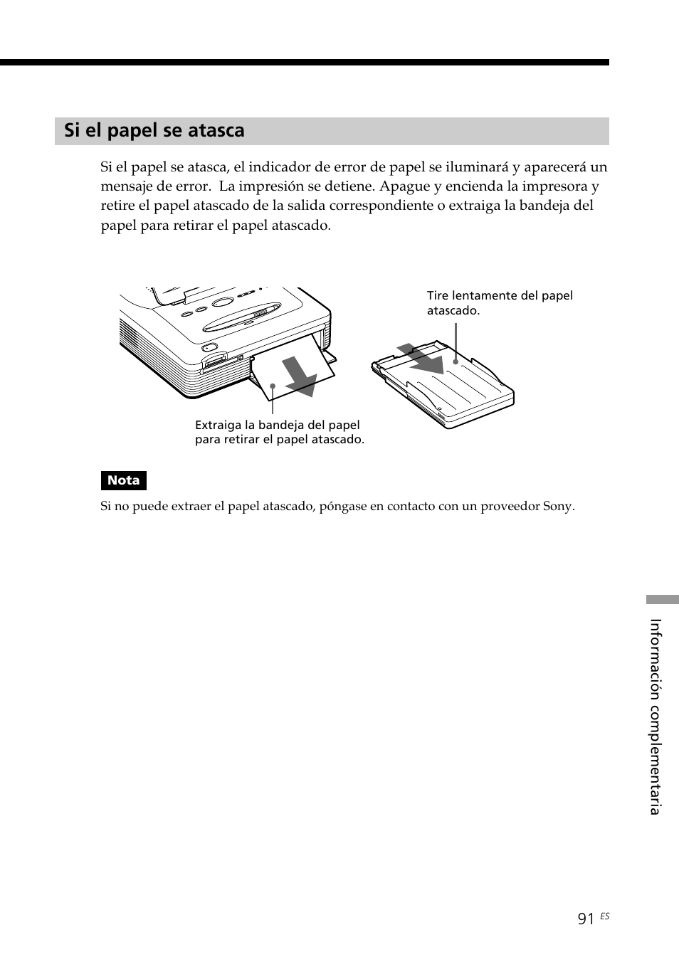 Si el papel se atasca | Sony DPP--SV77 User Manual | Page 279 / 283