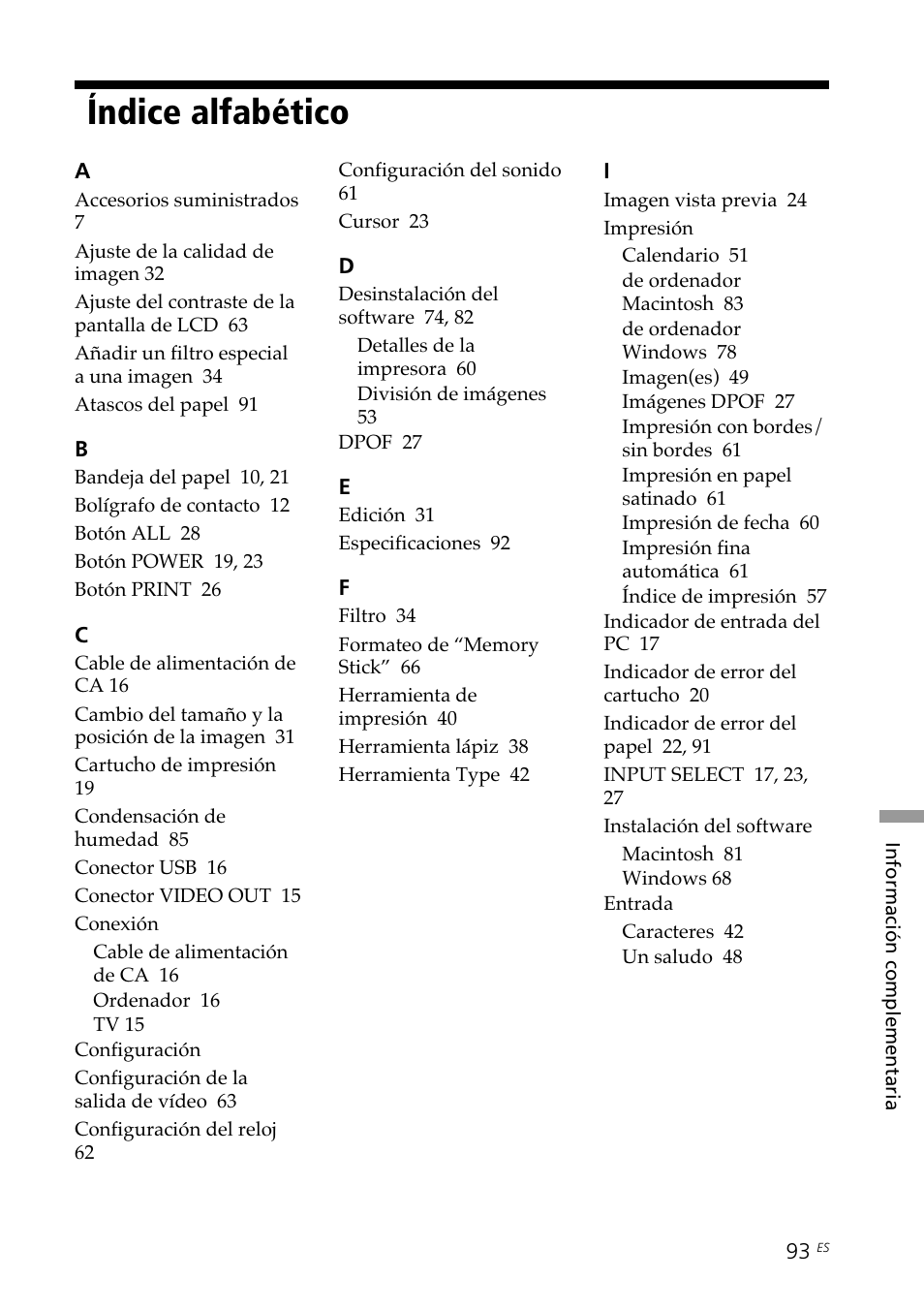 Índice alfabético | Sony DPP--SV77 User Manual | Page 281 / 283