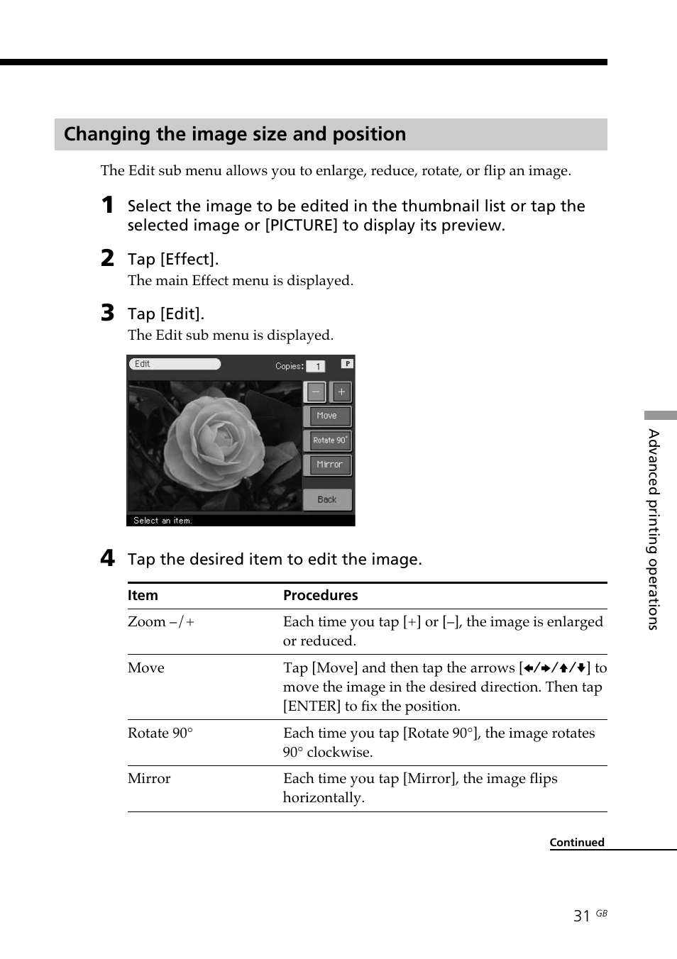 Changing the image size and position, Edit | Sony DPP--SV77 User Manual | Page 31 / 283