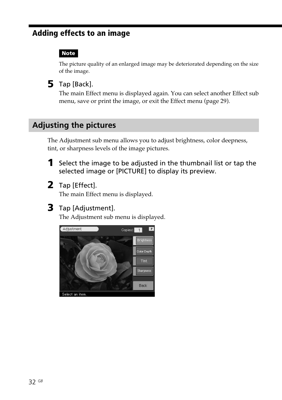 Adjusting the pictures, Adjusting the picture quality | Sony DPP--SV77 User Manual | Page 32 / 283