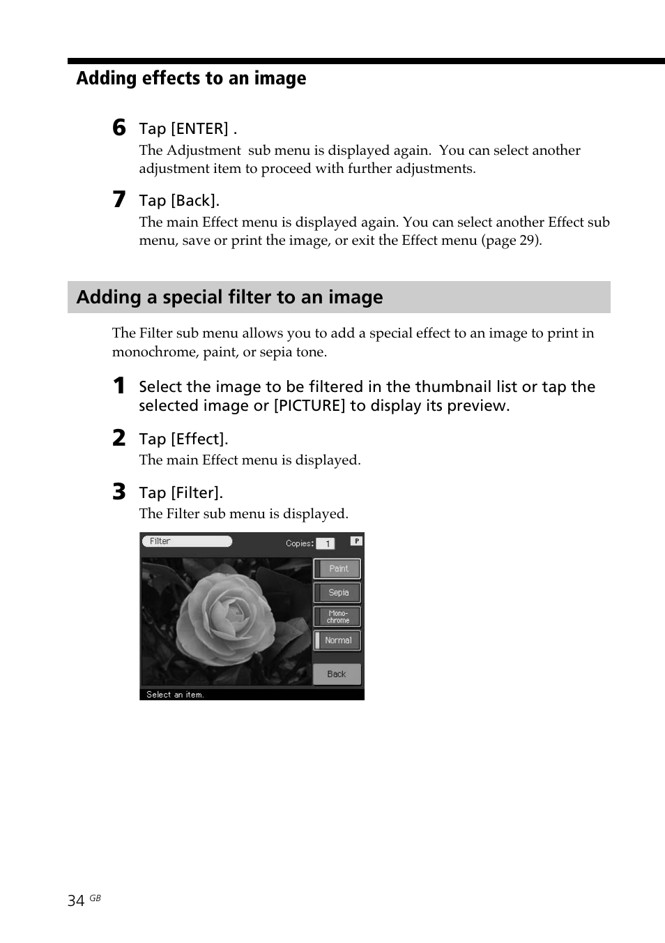 Adding a special filter to an image, Filter | Sony DPP--SV77 User Manual | Page 34 / 283