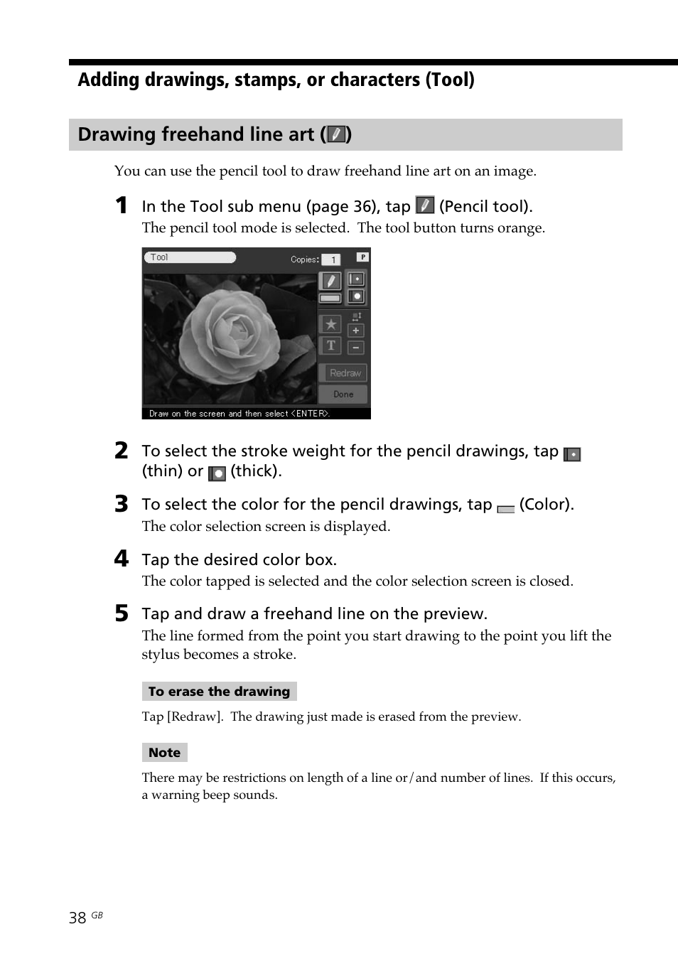 Drawing freehand line art, Pencil tool | Sony DPP--SV77 User Manual | Page 38 / 283
