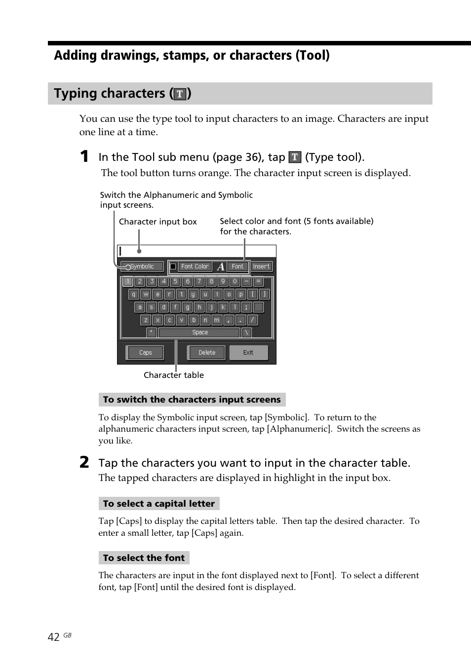 Typing characters, Characters, Type tool | Sony DPP--SV77 User Manual | Page 42 / 283