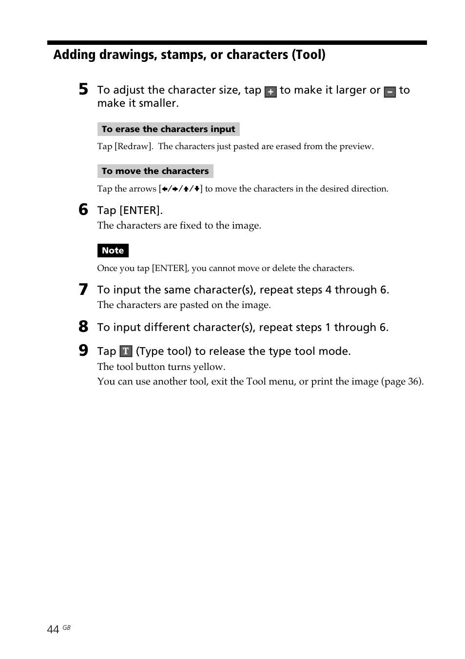 Adding drawings, stamps, or characters (tool) | Sony DPP--SV77 User Manual | Page 44 / 283