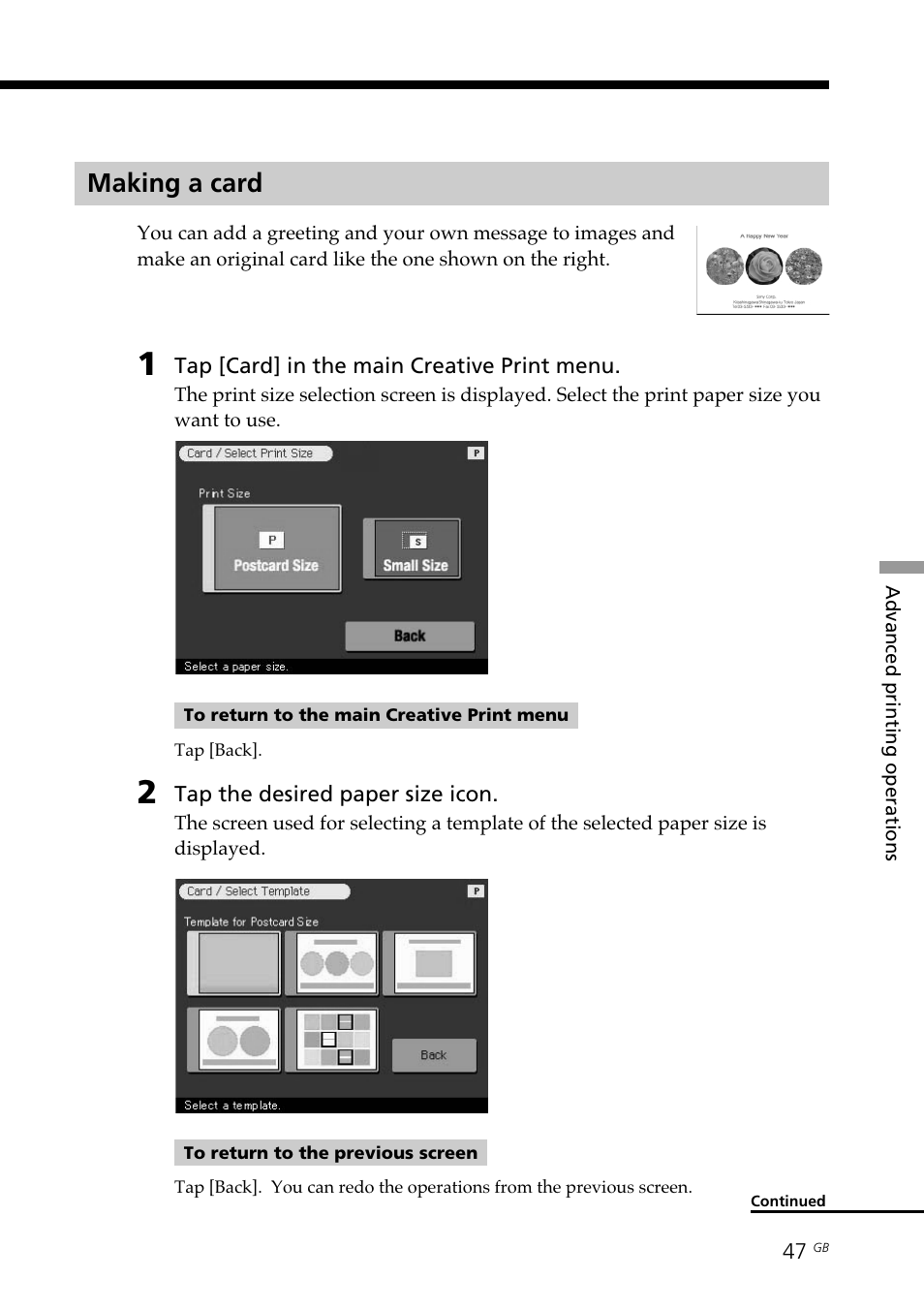 Making a card, Cards, Template | Sony DPP--SV77 User Manual | Page 47 / 283
