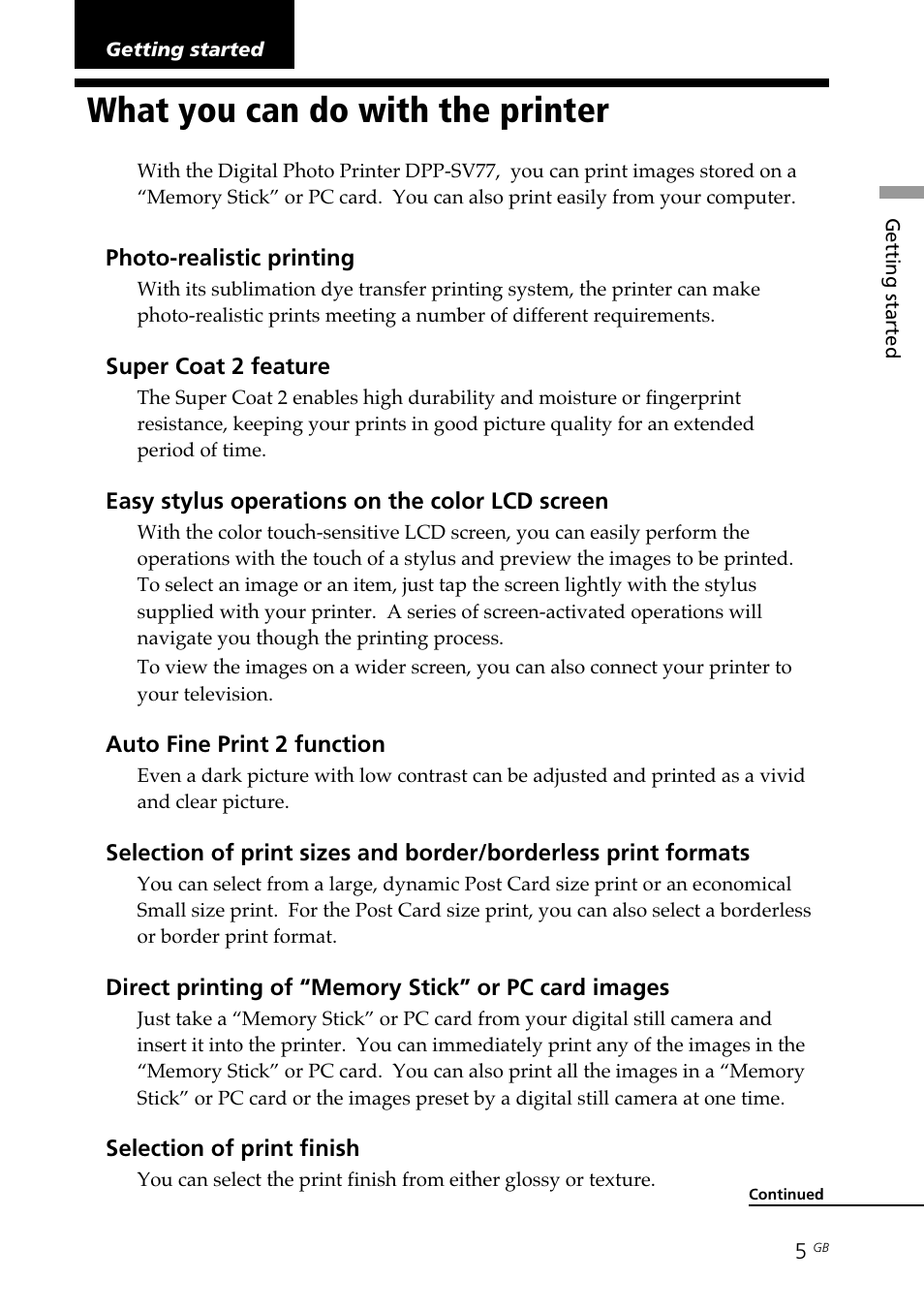 Getting started, What you can do with the printer, Overview | Sony DPP--SV77 User Manual | Page 5 / 283