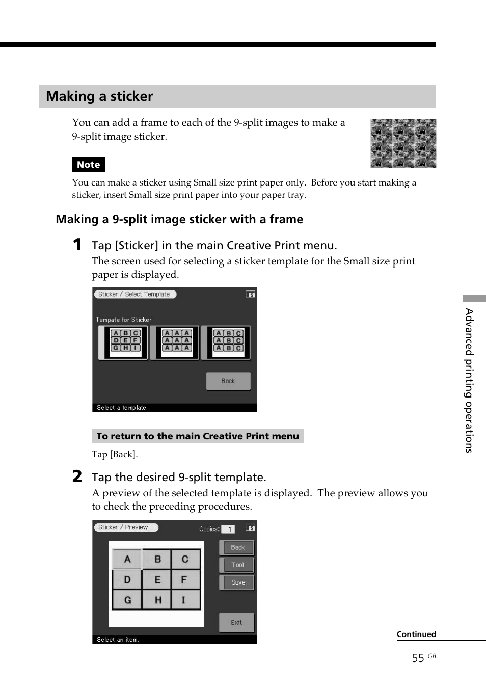 Making a sticker | Sony DPP--SV77 User Manual | Page 55 / 283