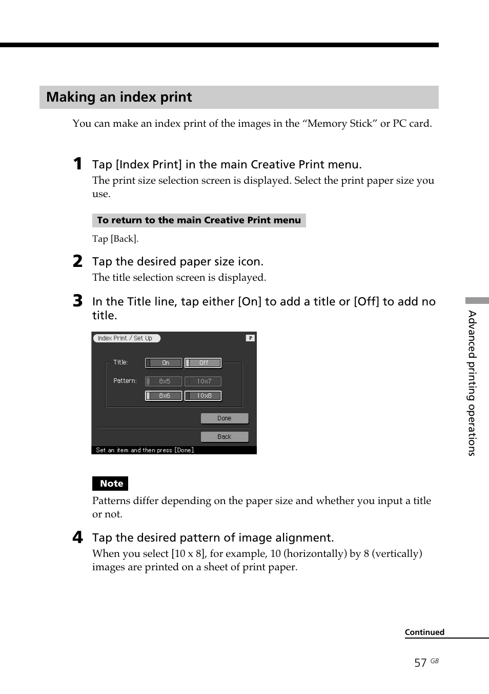 Making an index print, Index prints | Sony DPP--SV77 User Manual | Page 57 / 283