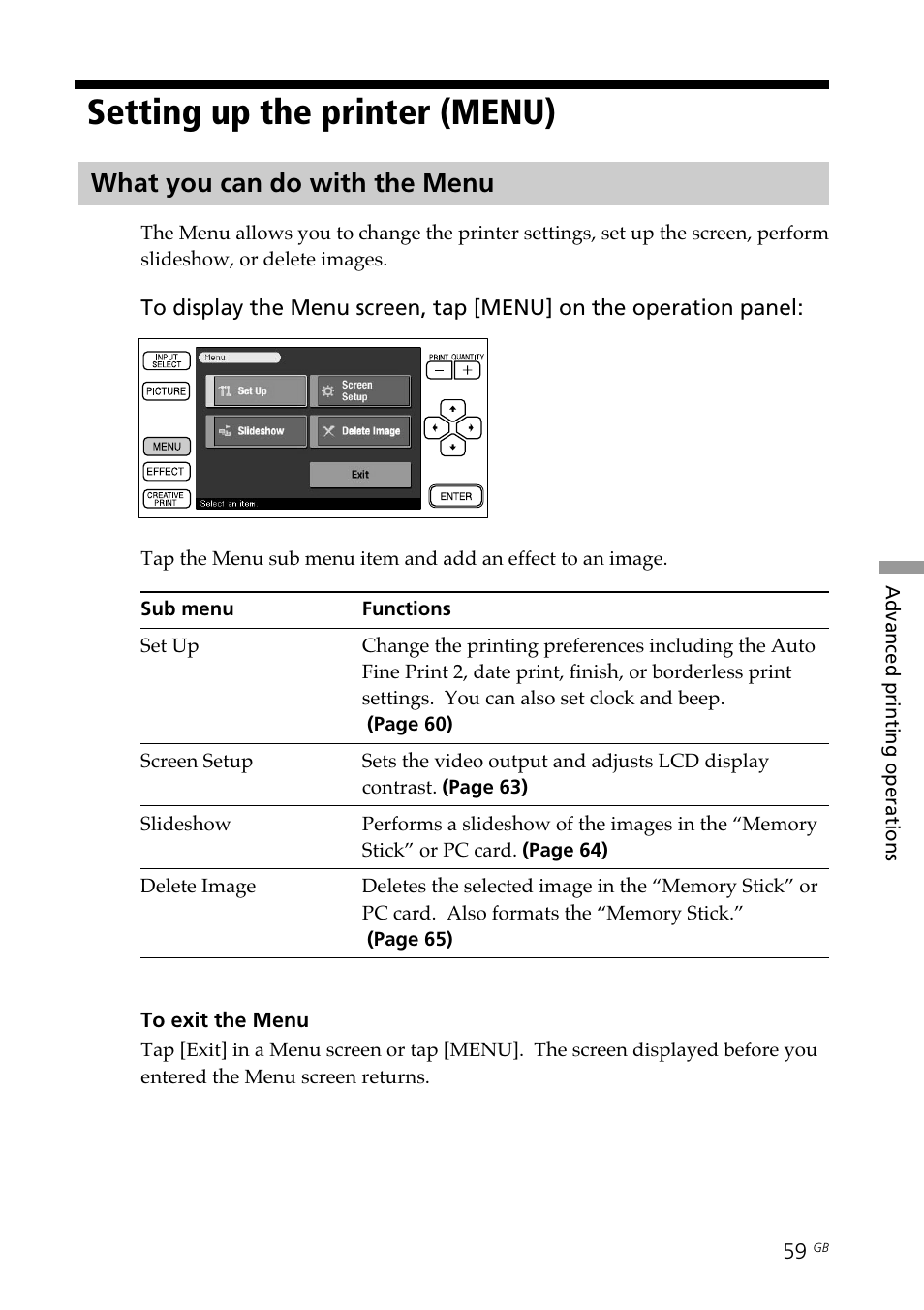 Setting up the printer (menu), What you can do with the menu, Menu screen | Sony DPP--SV77 User Manual | Page 59 / 283