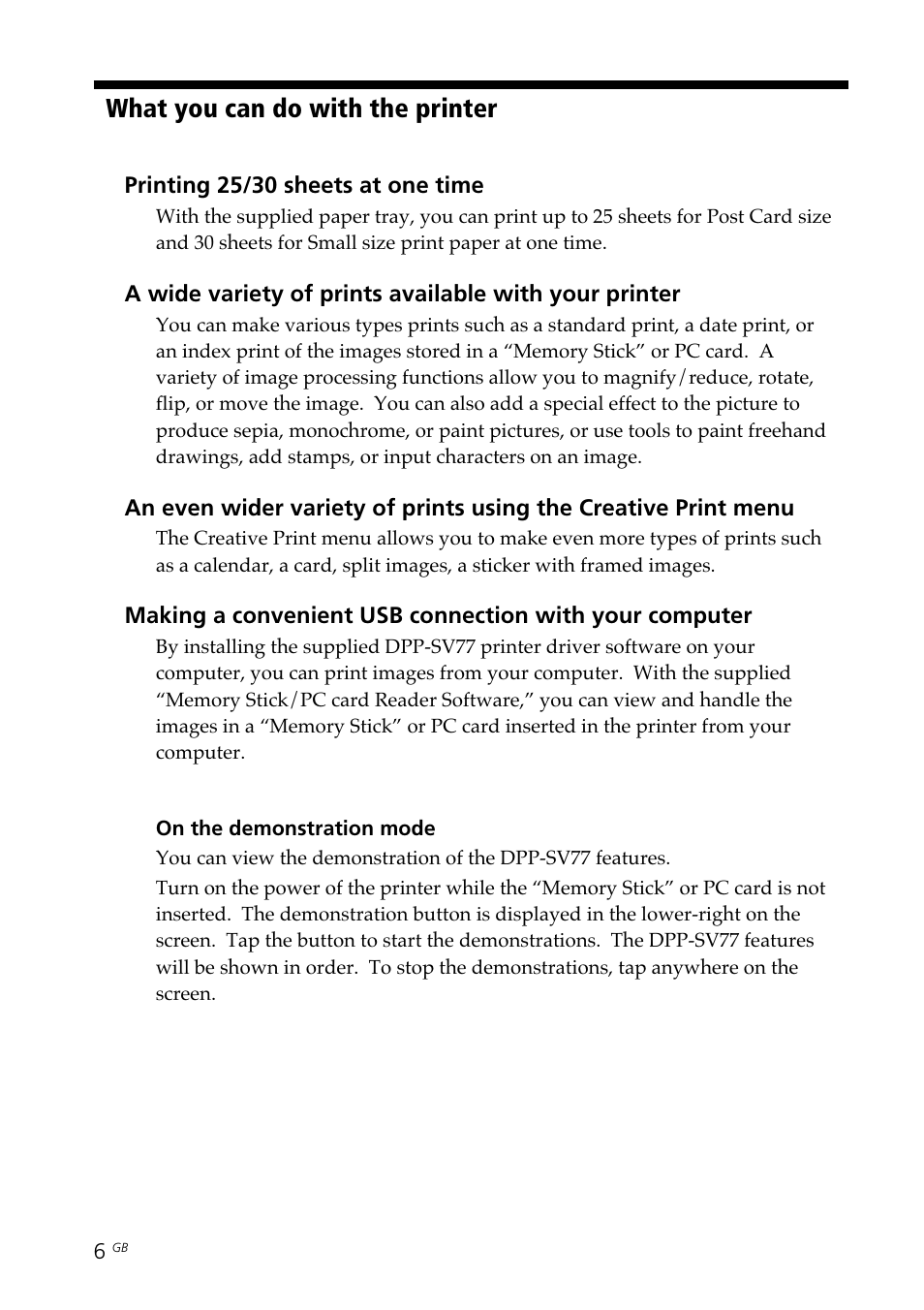What you can do with the printer | Sony DPP--SV77 User Manual | Page 6 / 283