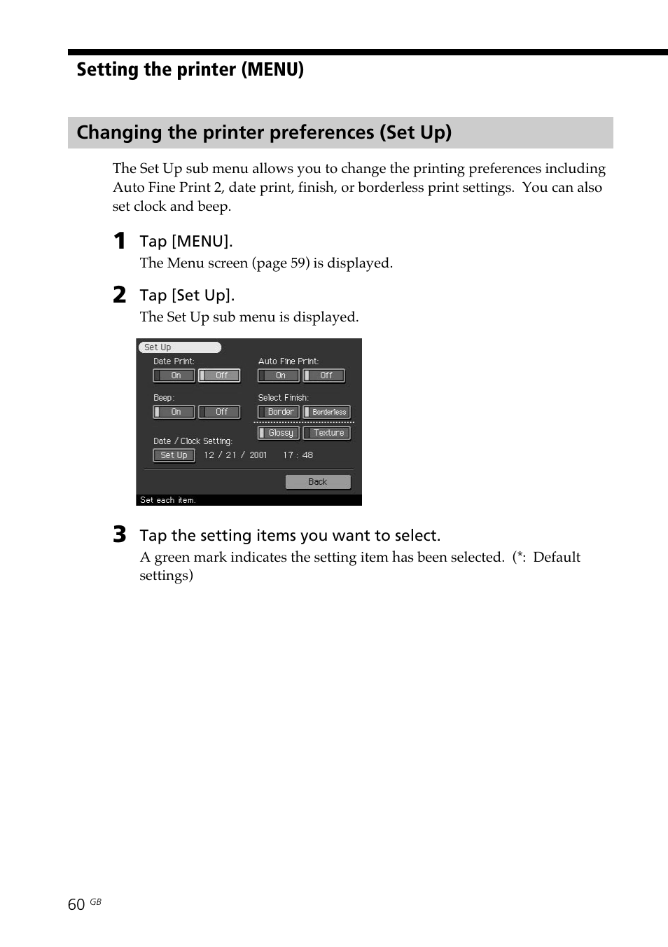 Changing the printer preferences (set up), Printer details | Sony DPP--SV77 User Manual | Page 60 / 283