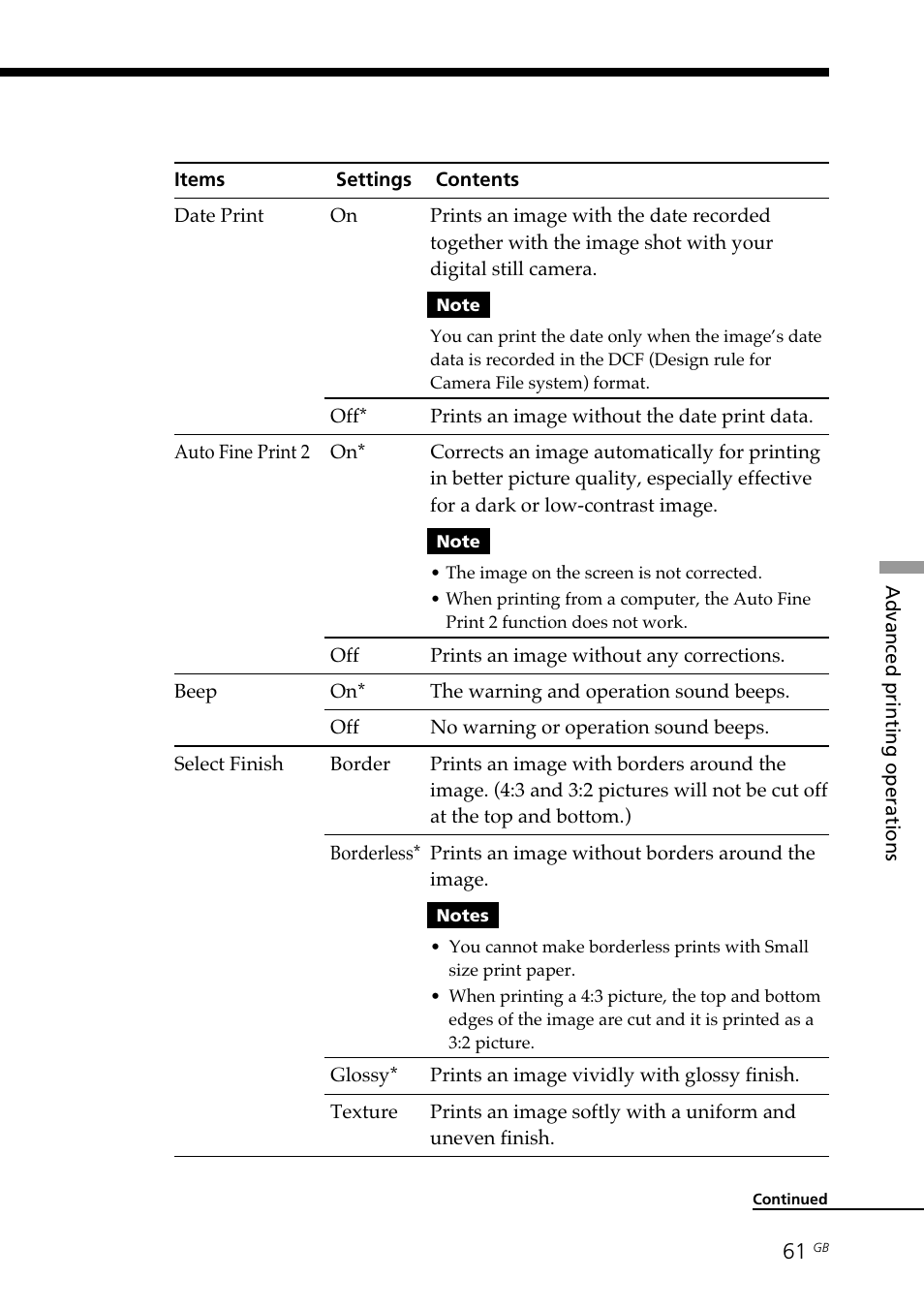 Auto fine print, Beep setting, Date print | Border/borderless print, Glossy, Texture | Sony DPP--SV77 User Manual | Page 61 / 283