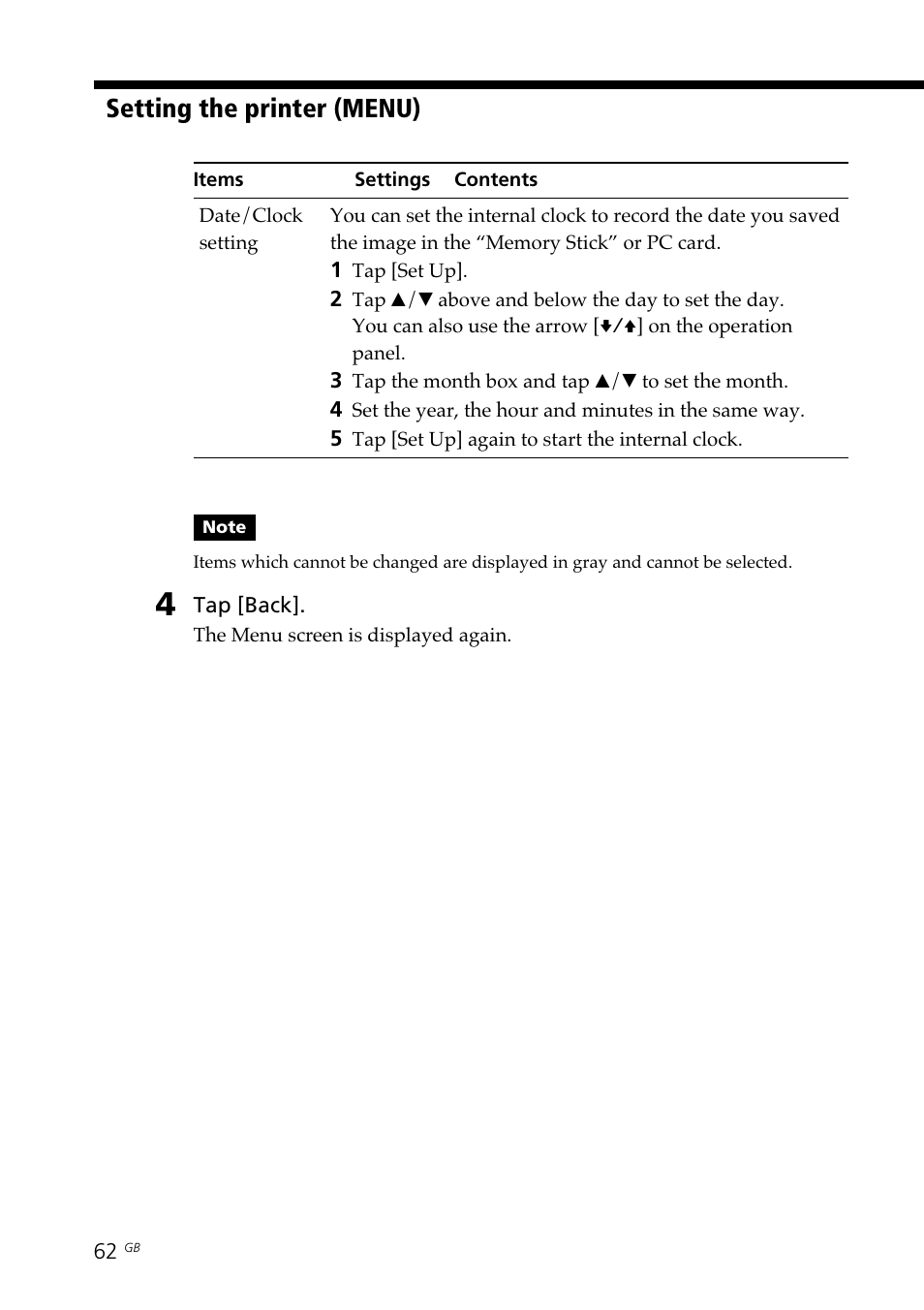 Clock setting, Setting the printer (menu) | Sony DPP--SV77 User Manual | Page 62 / 283