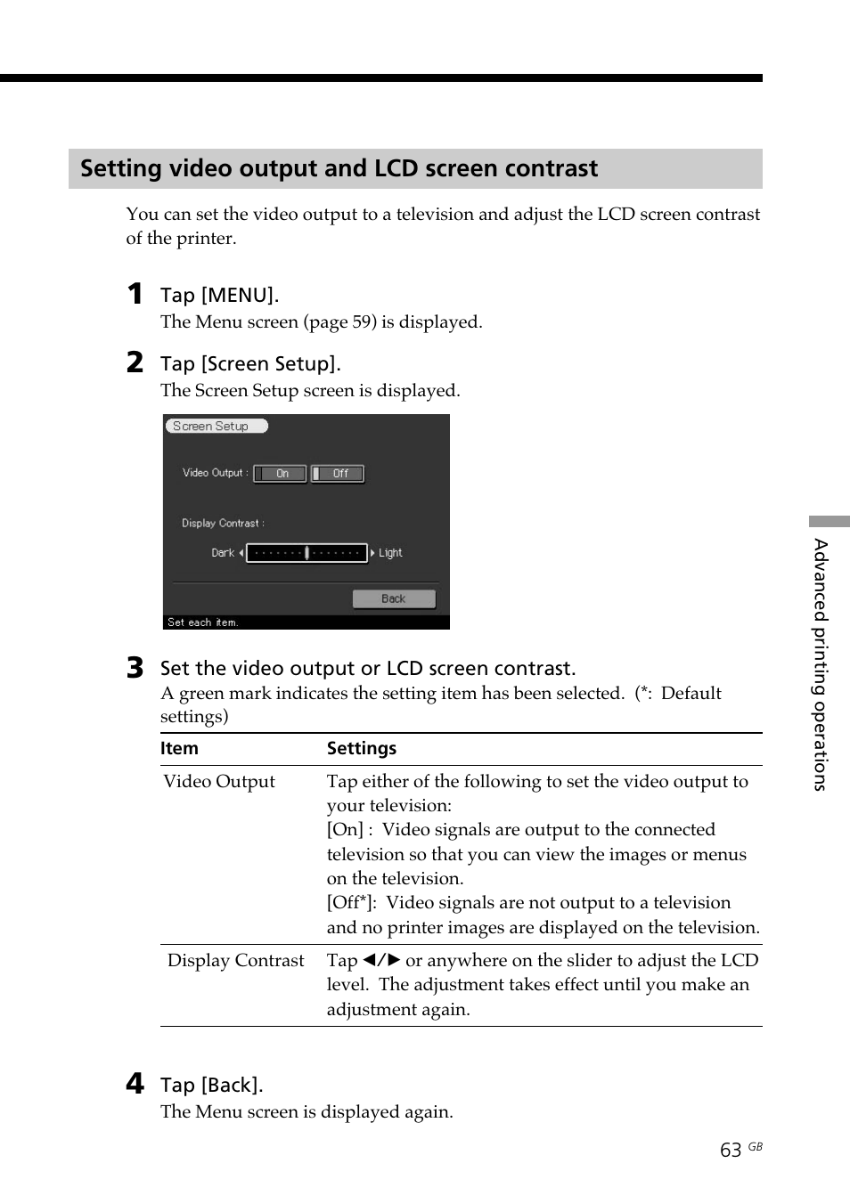Setting video output and lcd screen contrast, Lcd screen contrast adjustment, Video output setting | Sony DPP--SV77 User Manual | Page 63 / 283