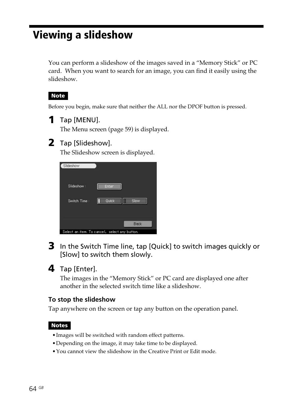 Viewing a slideshow, Slideshow | Sony DPP--SV77 User Manual | Page 64 / 283
