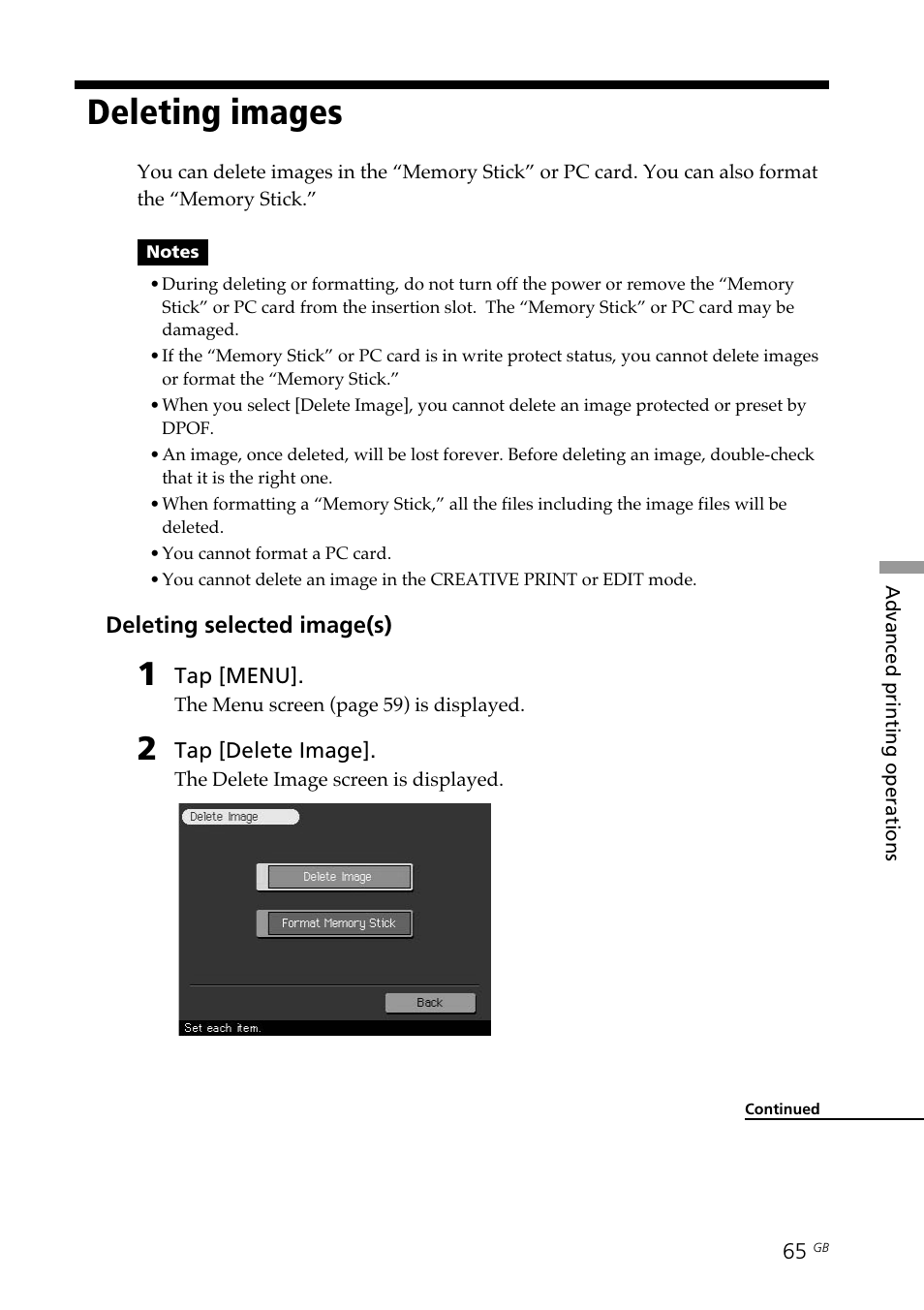 Deleting images | Sony DPP--SV77 User Manual | Page 65 / 283