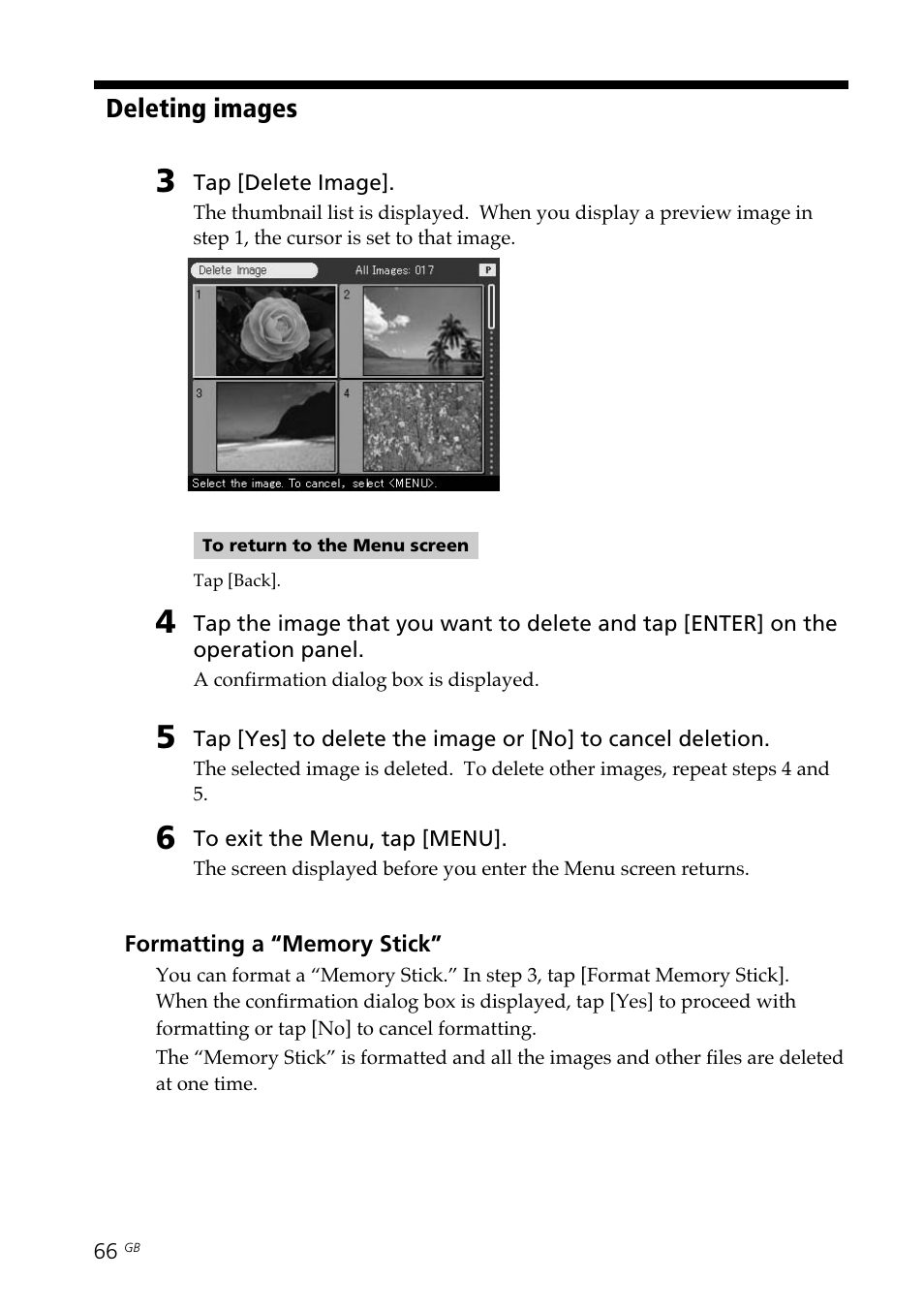 Formatting the “memory stick, Deleting images | Sony DPP--SV77 User Manual | Page 66 / 283