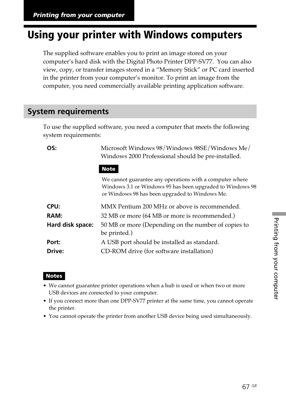 Printing from your computer, Using your printer with windows computers, System requirements | Windows, Using your printer with windows computers 67 | Sony DPP--SV77 User Manual | Page 67 / 283